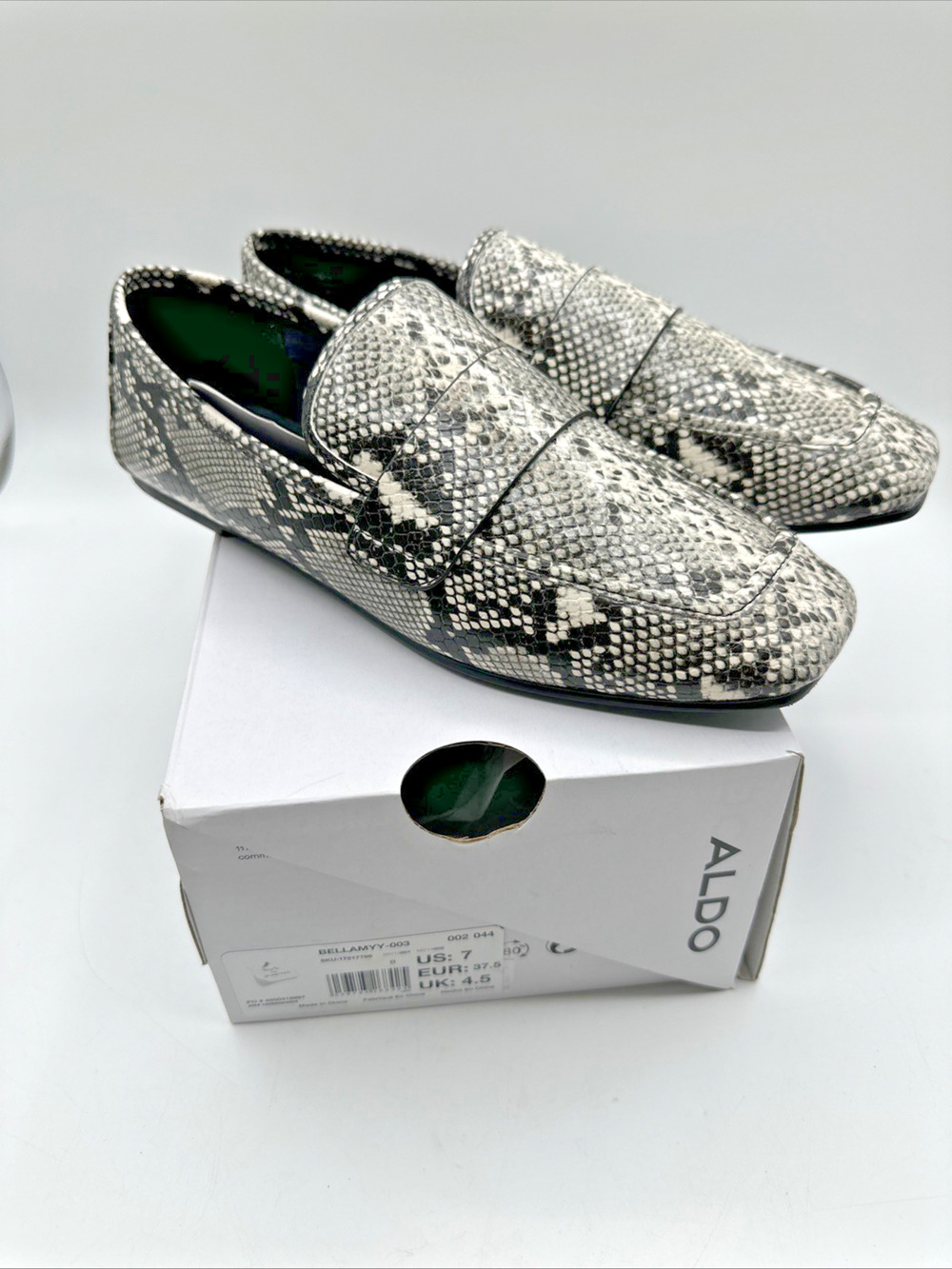 Aldo Bellamyy Women’s Loafers Size 7 Black White Snake Print Penny Flats